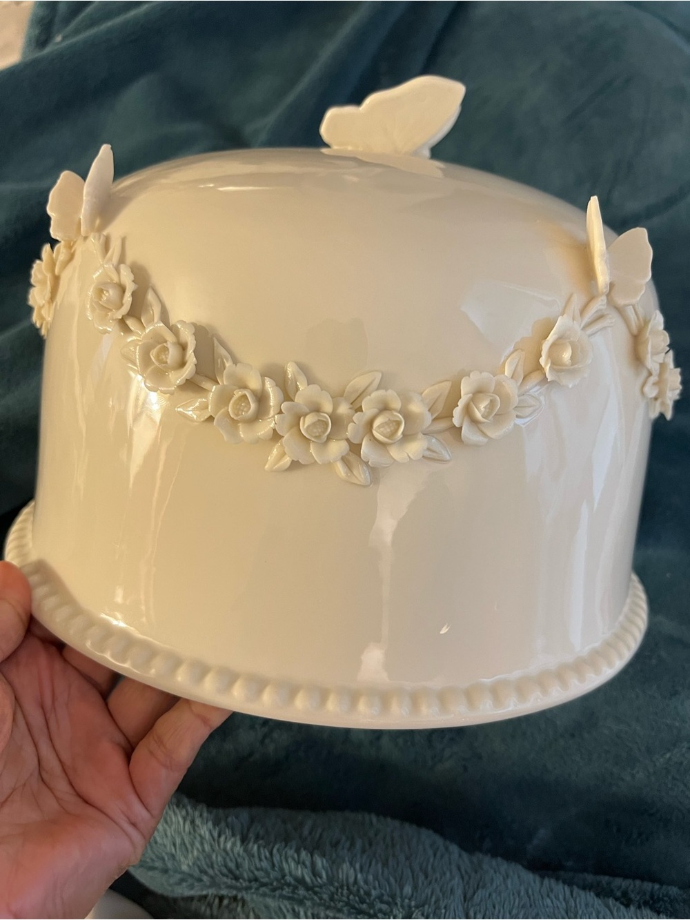 vintage I. Godinger & Co. White Ceramic Butterfly & Rose Cake Dome only